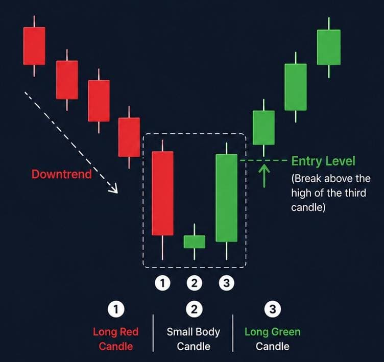 Morning Star candlestick pattern diagram showing bearish, indecision, and bullish confirmation candles