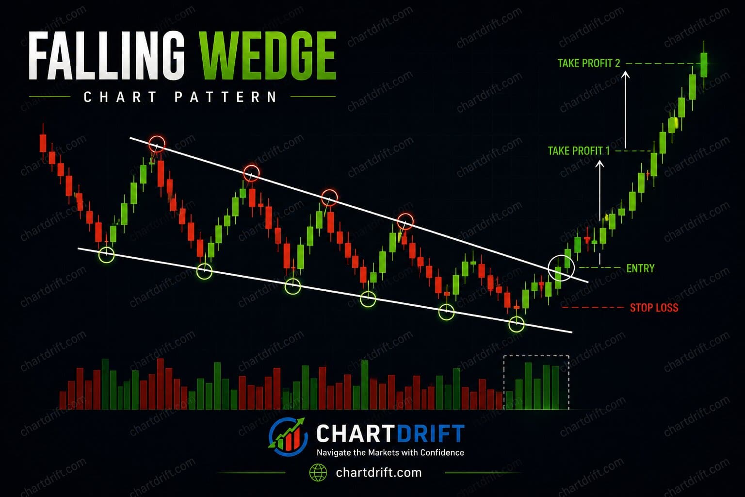 Falling Wedge chart pattern example showing breakout, entry, stop-loss, and profit target.